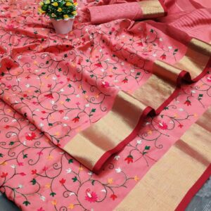 Pink Assam silk saree with embroidered Jal work