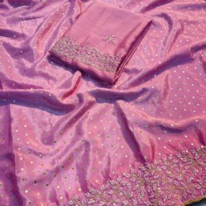 Pure Chinon Saree Pigment Foil Multi Emrodiry Work With Chinon Emorodairy Work Blouse