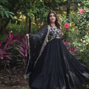 Sreeka Faux Blooming gown with Viscose Dyable Jacquard With Sequins Embroidered Work Faux Blooming Dupatta